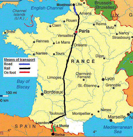 Booklet map showing the escape route south through France to Spain.
