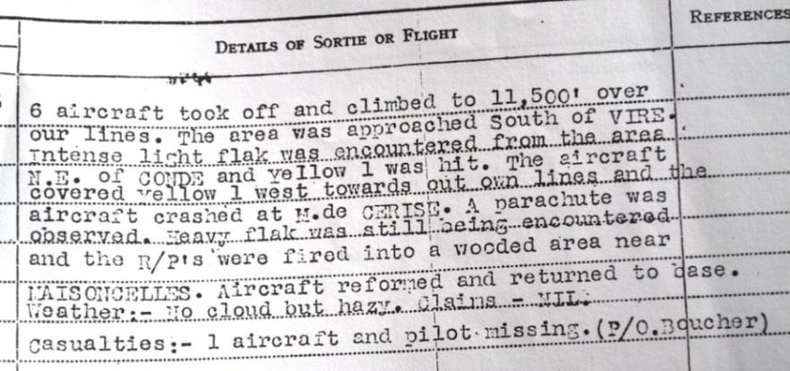 Typed squadron record. Relevant lines record intense light flak and Yellow 1 being hit.