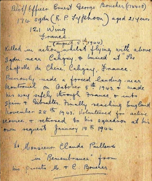 Handwritten account of George’s life, ending with a remembrance dedication to Monsieur Claude Pailleux from his parents.