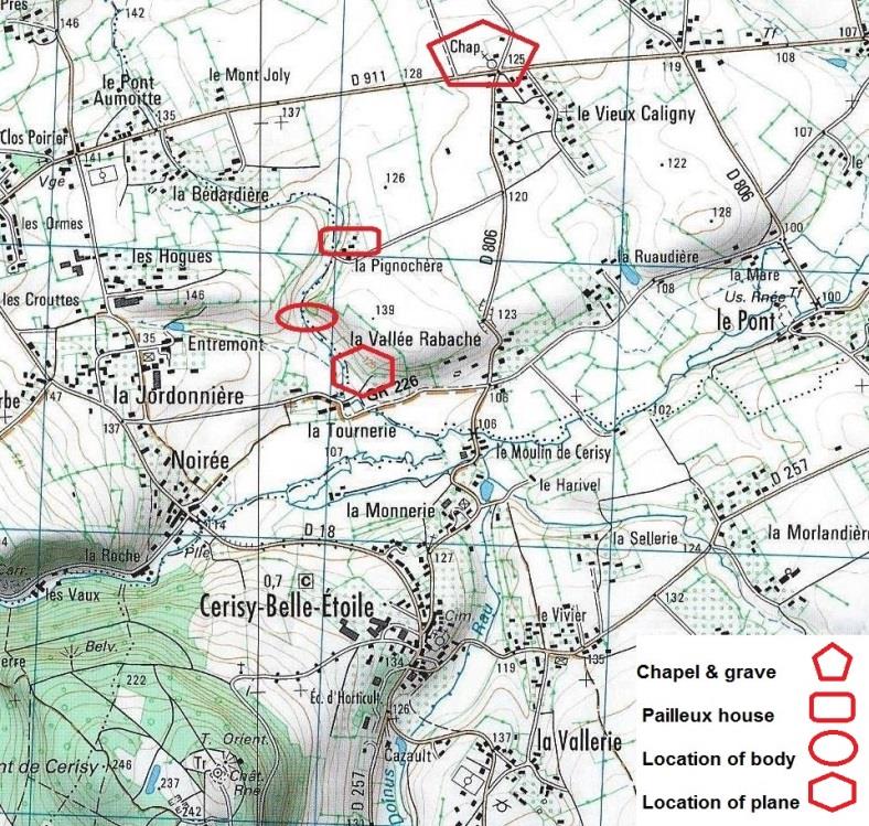 Booklet map with four red annotations marking the chapel, Pailleux house, body location and aircraft location.